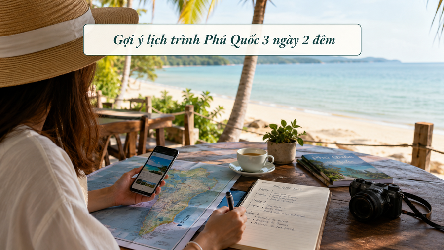 Du khách ngồi bên biển Phú Quốc, xem bản đồ và lên lịch trình chuyến đi.