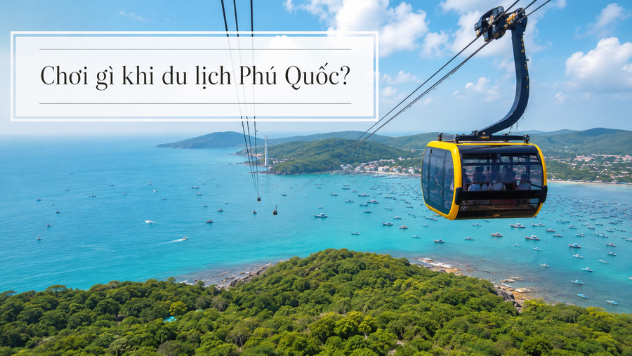 Cáp treo Hòn Thơm nhìn từ trên cao với biển xanh và các đảo nhỏ phía dưới.