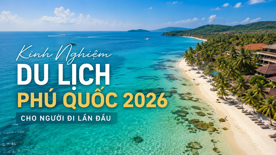 Toàn cảnh Phú Quốc nhìn từ trên cao, biển xanh, bãi cát và khu nghỉ dưỡng ven biển.